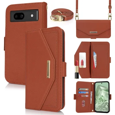 For Google Pixel 8a Stand Case Cross Texture PU Leather Wallet Phone Cover with Shoulder Strap  /  Makeup Mirror - Brown