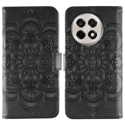 For OnePlus Ace 5 5G / Ace 5 Pro 5G / 13R 5G Case PU Leather Mandala Imprinted Design Wallet Phone Cover with Wrist Strap - Black