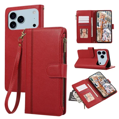 For iPhone 18 Pro Max / 17 Pro Max Case Multi Card Slots Zipper Leather Phone Cover with Wrist Strap - Red