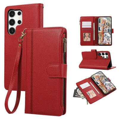 For Samsung Galaxy S24 Ultra Case Multi Card Slots Zipper Leather Phone Cover with Wrist Strap - Red