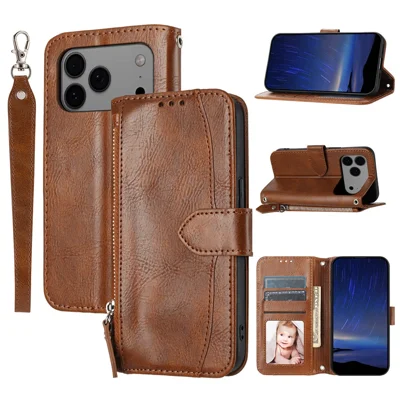 For iPhone 18 Pro Max / 17 Pro Max Case Zipper Pocket Wallet Leather Phone Cover with Wrist Strap - Brown