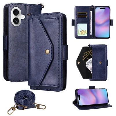 For iPhone 17 Leather Case Magnetic Closure Wallet Stand Phone Cover with Crossbody Strap - Blue