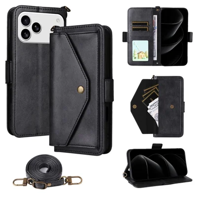 For iPhone 18 Pro / 17 Pro Leather Case Magnetic Closure Wallet Stand Phone Cover with Crossbody Strap - Black