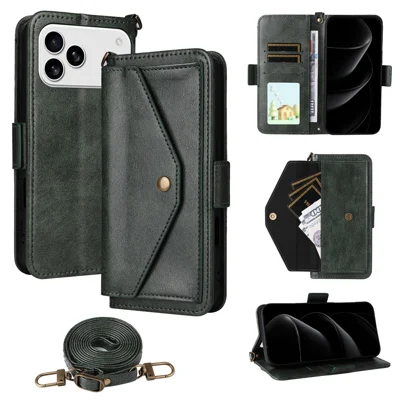 For iPhone 18 Pro Max / 17 Pro Max Leather Case Magnetic Clasp Wallet Stand Phone Cover with Crossbody Strap - Green