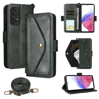 For Samsung Galaxy A53 5G Leather Case Magnetic Closure Wallet Stand Phone Cover with Crossbody Strap - Green