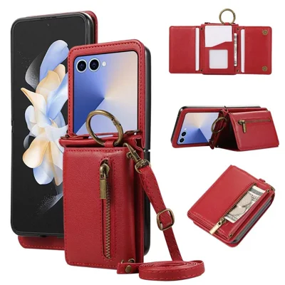 For Samsung Galaxy Z Flip7 5G Leather Back Cover Zipper Wallet Kickstand Phone Case with Shoulder Strap - Red