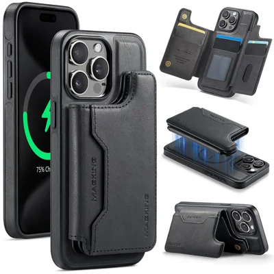 MAGKING K3 Series For iPhone 15 Pro Max Case Compatible with MagSafe Wallet PC + TPU + PU Phone Cover - Black