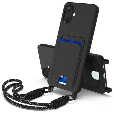 For Samsung Galaxy A08 4G / A08 5G / F07 4G / M17e 5G / M07 4G / A07 5G / A07 4G Case Liquid Silicone Card Holder Phone Back Cover with Short Strap - Black