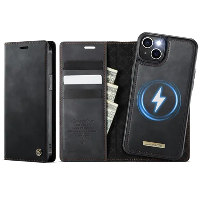 CASEME For iPhone 15 Case C49 Compatible with MagSafe RFID Blocking Detachable Wallet Leather Phone Cover - Black