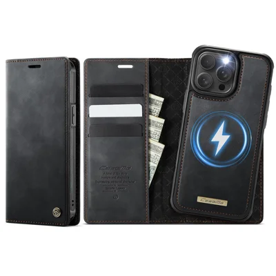 CASEME For iPhone 15 Pro Max Case  C49  Compatible with MagSafe RFID Blocking Detachable Wallet Leather Phone Cover - Black