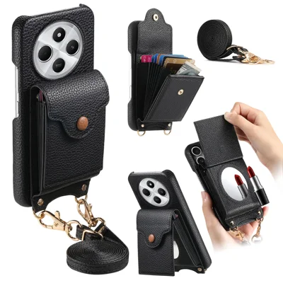 Voor Xiaomi Redmi 14C 4G hoesje Spiegel met pasjehouder Litchi-structuur Lederen telefoonhoes met lange draagband - Zwart