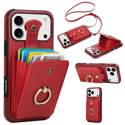 For iPhone 18 Pro Max / 17 Pro Max Case Card Holder Ring Kickstand TPU + PU Leather Phone Cover with Long Strap - Red