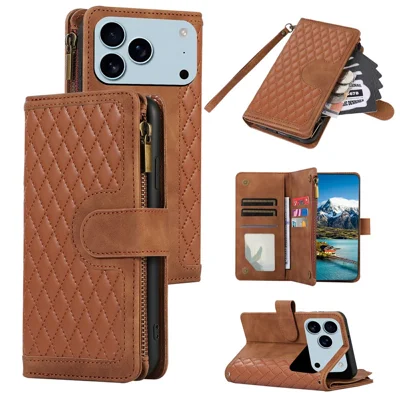 For iPhone 18 Pro / 17 Pro Case 9 Card Slots Rhombus Design Leather Phone Cover with Wrist Strap - Brown
