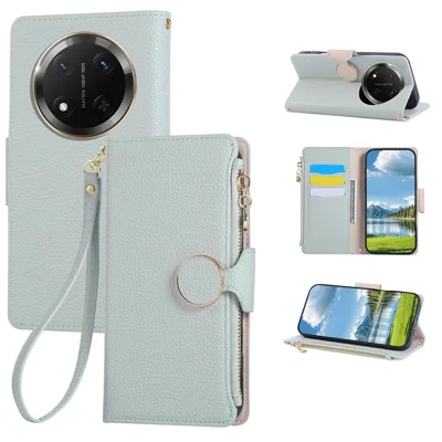 Phone Case For Honor X60 Pro 5G / X9c 5G / Magic7 Lite 5G Zipper Wallet Leather Cover with Wrist Strap - Cyan