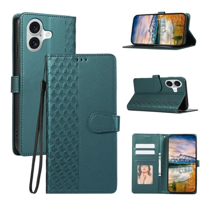 For iPhone 16 Case 3D Rhombus Grid Imprinted Wallet Leather Phone Cover with Lanyard - Green