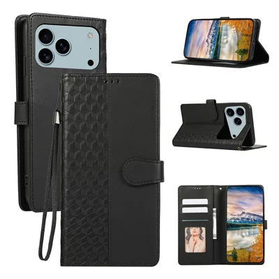 For iPhone 18 Pro Max / 17 Pro Max Case 3D Rhombus Grid Imprinted Wallet Leather Phone Cover with Lanyard - Black