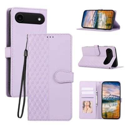 For iPhone Air Case 3D Rhombus Grid Imprinted Wallet Leather Phone Cover with Lanyard - Purple