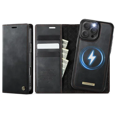 CASEME For iPhone 16 Pro Case  C49  Compatible with MagSafe RFID Blocking Detachable Wallet Leather Phone Cover - Black