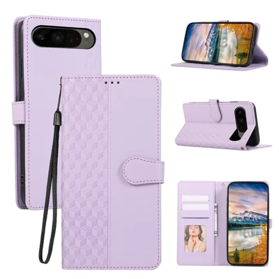 For Google Pixel 10 Pro XL  /  9 Pro XL Case 3D Rhombus Grid Imprinted Wallet Leather Phone Cover with Lanyard - Purple