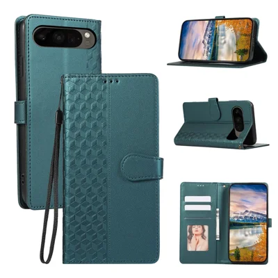 For Google Pixel 10 Pro XL  /  9 Pro XL Case 3D Rhombus Grid Imprinted Wallet Leather Phone Cover with Lanyard - Green