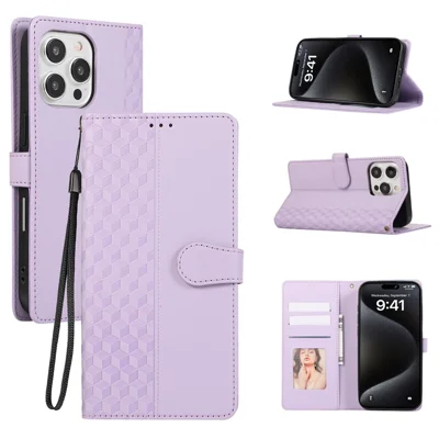 For iPhone 15 Pro Max Case 3D Rhombus Grid Imprinted Wallet Leather Phone Cover with Lanyard - Purple