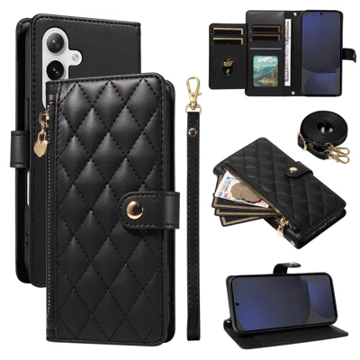 For Samsung Galaxy S24 FE Wallet Case with Straps, Rhombus Leather Stand Phone Cover -   Black