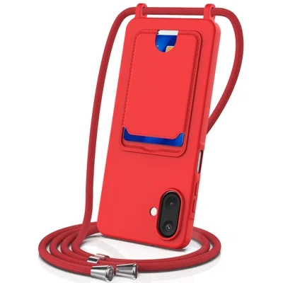 For Samsung Galaxy A08 4G / A08 5G / F07 4G / M17e 5G / M07 4G / A07 5G / A07 4G Case Liquid Silicone Card Holder Back Phone Cover with Lanyard - Red