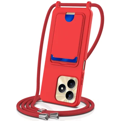 For Realme Narzo N53 4G / Realme C53 (India) / Realme C53 (Global) / Realme C51 / Realme Note 50 4G Case Liquid Silicone Card Holder Back Phone Cover with Lanyard - Red