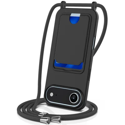 For iPhone Air Case Liquid Silicone Card Holder Back Phone Cover with Lanyard - Black