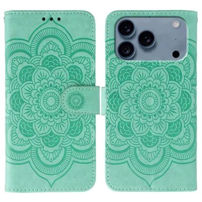 For iPhone 17 Pro Case PU Leather Mandala Imprinted Design Wallet Phone Cover with Wrist Strap - Groen