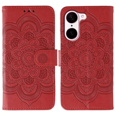 For OnePlus Nord CE5 5G  /  Ace 5 Racing 5G Case PU Leather Mandala Imprinted Design Wallet Phone Cover with Wrist Strap - Red