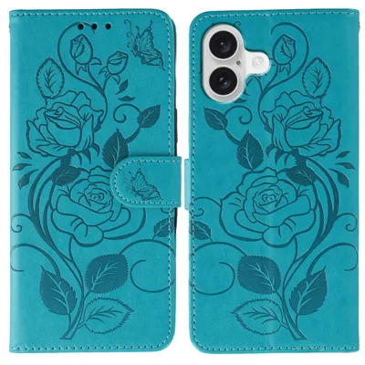 For iPhone 17 Hoesje Portemonnee Stand Ingeprent Roos Vlinder PU Leren Telefoonhoesje - Blauw