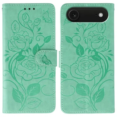 For iPhone Air Case Wallet Stand Imprinted Rose Butterfly PU Leather Phone Cover - Green