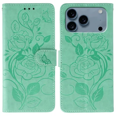 For iPhone 18 Pro / 17 Pro Case Wallet Stand Imprinted Rose Butterfly PU Leather Phone Cover - Green