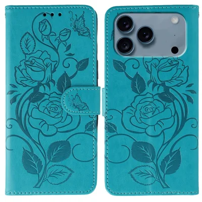 For iPhone 17 Pro Max Case Wallet Stand Imprinted Rose Butterfly PU Leather Phone Cover - Blauw