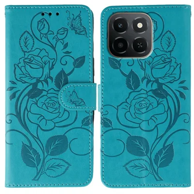 For Honor X6c 4G Case Wallet Stand Imprinted Rose Butterfly PU Leather Phone Cover - Blue