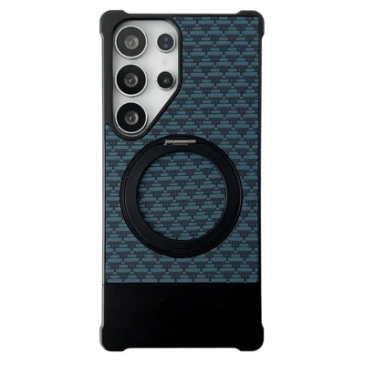 For Samsung Galaxy S24 Ultra Magnetic Case Kickstand Metal Carbon Fiber Pull-Out Design Phone Cover - Black  /  Blue