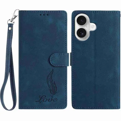 For iPhone 17 Hoesje met Afdruk van Veer PU Leer Portemonnee Telefoonhoesje met Polsbandje - Donkerblauw