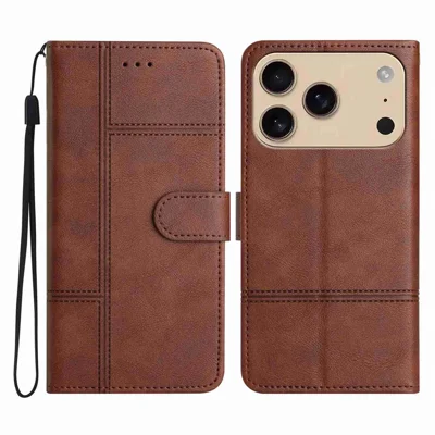 For iPhone 18 Pro / 17 Pro Wallet Case Line Imprinted Cowhide Texture PU Leather Phone Cover - Coffee