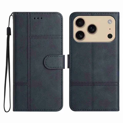 For iPhone 18 Pro Max / 17 Pro Max Wallet Case Line Imprinted Cowhide Texture PU Leather Phone Cover - Blue