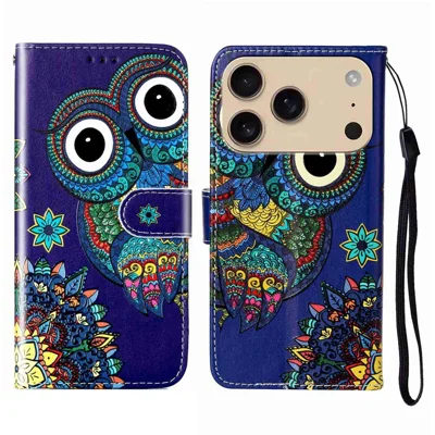 For iPhone 18 Pro Max / 17 Pro Max Case Pattern Leather Wallet Phone Cover with Strap - Blue Owl