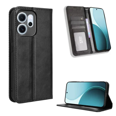 For Oppo Reno14 F 5G Leather Case Wallet Stand Retro Texture Phone Cover - Black