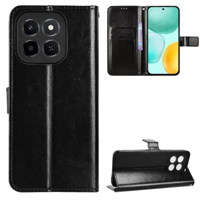 Voor Honor X6c 4G PU Leather Case met Strap Crazy Horse Texture Telefoonportemonnee Cover - Zwart