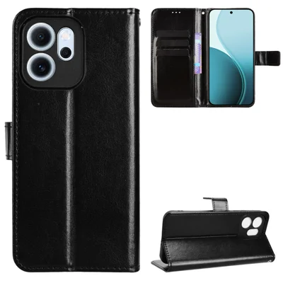 For Oppo Reno14 F 5G PU Leather Case with Strap Crazy Horse Texture Phone Wallet Cover - Black