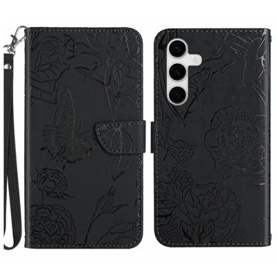 Voor Samsung Galaxy S25 FE hoesje met polsbandje Zwart vlinder bloem bedrukt lederen telefoonhoesje - Zwart