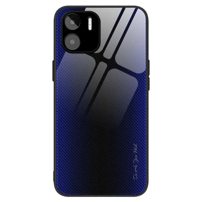 Carbonfiber-struktur telefonbeskyttelse til Xiaomi Redmi A1 4G / A2 4G, beskyttelsesdæksel af tæmt glas + TPU mod fald - mørkeblå