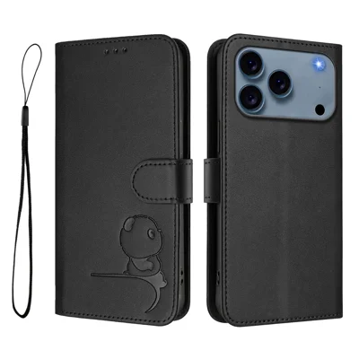 For iPhone 18 Pro Max / 17 Pro Max Case Panda Imprint RFID Blocking Wallet Leather Phone Cover with Wrist Strap - Black