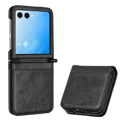 For Samsung Galaxy Z Flip7 5G Case Butterfly Flower Imprinted Leather Phone Cover - Black