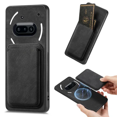 For Nothing Phone (3a) Magnetic Case Leather Back Cover with Detachable Card Holder - Black