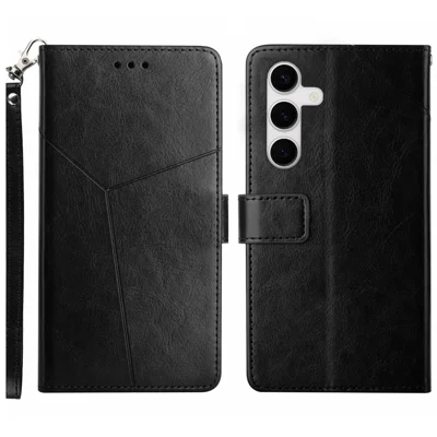 For Samsung Galaxy S25 Case Y Shaped Lines Imprint Leather Phone Cover - Black